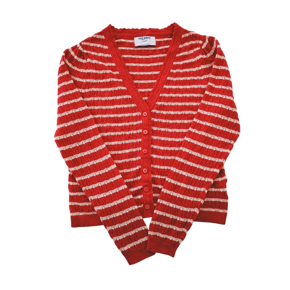 Old Navy S Petite Red White Striped Crochet Knit Button Front Cardigan Sweater